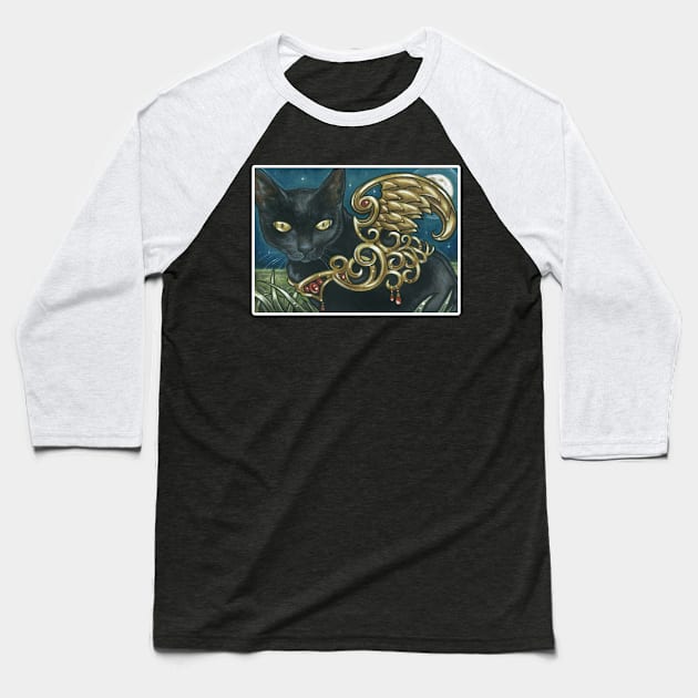 The Black Cat With Golden Wings - White Outlined Version Baseball T-Shirt by Nat Ewert Art